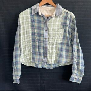 American Eagle Cropped Flannel Button Up Long Sleeve Plaid Shirt Green Women XS
